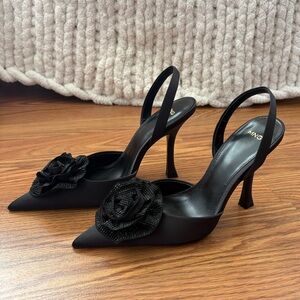 MANGO black pointed toe sling back heels with flower embellishment